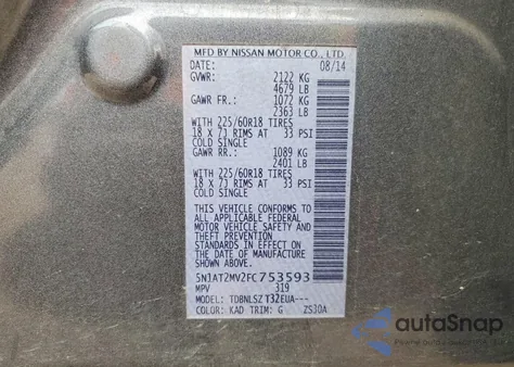 2015 Nissan Rogue S z USA, uszkodzony, nr VIN 5N1AT2MV2FC753593